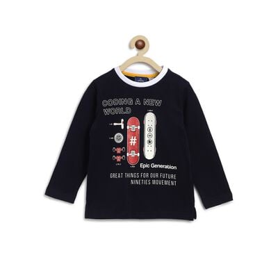 Boys Black Printed Round Neck T-Shirt
